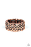 Paparazzi All Wheel Drive - Copper Ring - Embossed in a tactile tread-like pattern, a glistening copper band curls around the finger for an edgy look. Features a stretchy band for a flexible fit.
