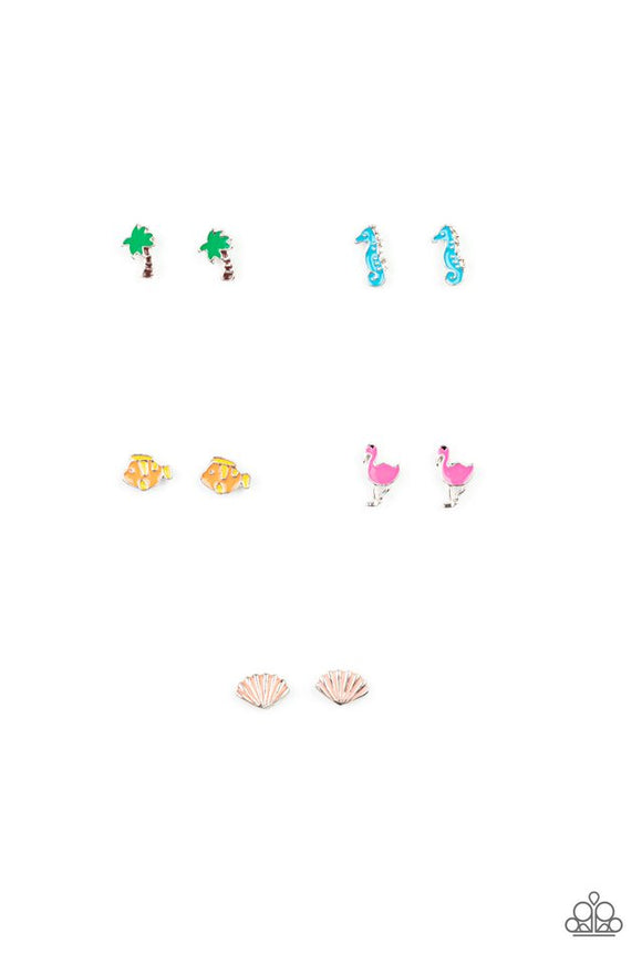 Paparazzi Starlet Shimmer Summer Earring Kit - P5SS-MTXX-376XX - Ten pairs of earrings in assorted colors and shapes. Varying in color, the summer inspired frames include, palm trees, seahorses, fish, flamingos, and seashells. Earrings attach to standard post fittings.