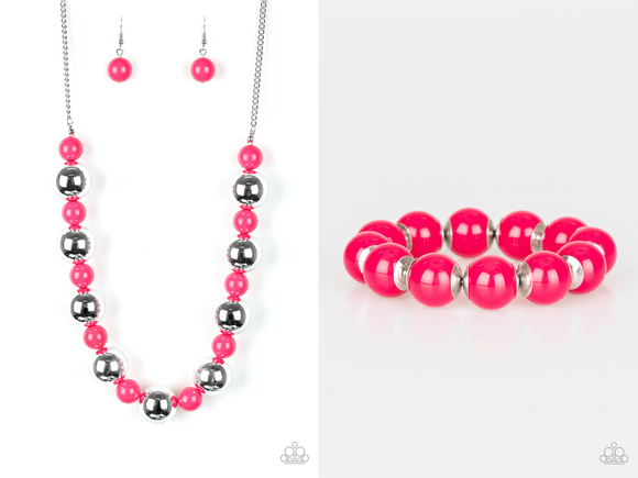 Paparazzi SET Top Pop Necklace and Candy Shop Sweetheart Bracelet - Pink NECKLACE - Polished pink beads and dramatic silver beads drape below the collar for a perfect pop of color. Features an adjustable clasp closure.
BRACELET - Infused with metallic accents, vivacious pink beads are threaded along a stretchy band around the wrist for a colorful pop of color.
