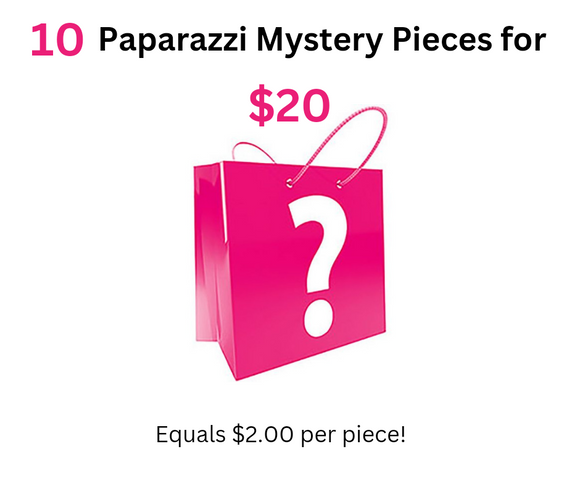 10 Paparazzi Mystery Pieces For $20 - Get 10 Mystery Pieces of Paparazzi Jewelry for $20  = $2 for each piece.  Mystery Pieces will include a mixture of some of the following pieces - Necklaces, Bracelets, Earrings, Rings, and Starlet Shimmer Children's jewelry (5 pieces count as 1 Adult piece).