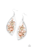 PAPARAZZI SWEETLY EFFERVESCENT - MULTI EARRINGS - A bubbly collection of peach, white, and golden rhinestones coalesce inside an asymmetrical silver frame. One side of the frame is encrusted in glassy white rhinestones, adding a refined flair to the bubbly lure. Earring attaches to a standard fishhook fitting.