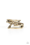 Paparazzi 5th Avenue Flash - Brass Ring - Dotted in sections of dainty aurum rhinestones, glistening brass bars zigzag across the finger, coalescing into an edgy band. Features a dainty stretchy band for a flexible fit.