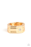 Paparazzi Atlas - Gold Ring - A glassy white rhinestone is pressed into the corner edge of a geometric stamped rectangular gold frame. Features a stretchy band for a flexible fit.