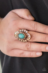 Paparazzi Basic Element - Copper Ring - Dotted in shimmery patterns, textured copper petals bloom from a refreshing turquoise stone center for a bold seasonal look. Features a stretchy band for a flexible fit.