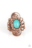 Paparazzi Basic Element - Copper Ring - Dotted in shimmery patterns, textured copper petals bloom from a refreshing turquoise stone center for a bold seasonal look. Features a stretchy band for a flexible fit.
