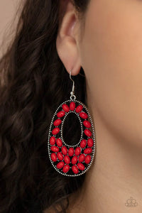 Paparazzi Beaded Shores - Red Earrings - A collection of oval red beads collect inside a studded silver oval frame, creating a bright pop of color. Earring attaches to a standard fishhook fitting.