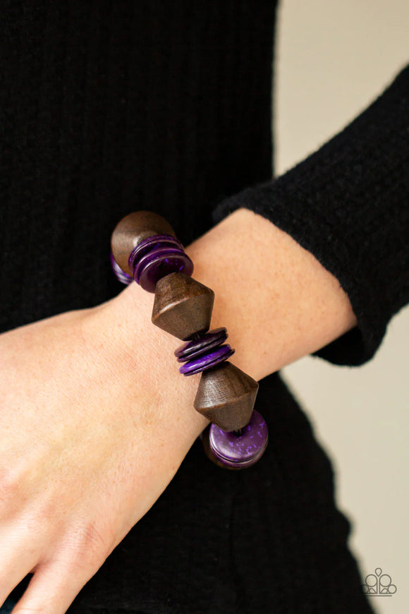 Paparazzi Bermuda Boardwalk - Purple Bracelet - Purple wooden discs and chunky brown wooden beads are threaded along a stretchy band around the wrist, creating a summery look.