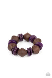 Paparazzi Bermuda Boardwalk - Purple Bracelet - Purple wooden discs and chunky brown wooden beads are threaded along a stretchy band around the wrist, creating a summery look.