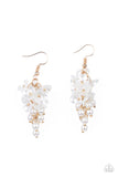 Paparazzi Bountiful Bouquets - Gold Earrings - A cluster of pearly white floral frames and dainty white pearls trickle from a gold chain, creating a romantic chandelier. Earring attaches to a standard fishhook fitting.