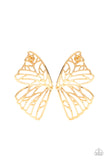 Paparazzi Butterfly Frills - Gold Earrings - Shimmery gold bars delicately climb scalloped gold frames, coalescing into a whimsical butterfly wing. Earring attaches to a standard post fitting.