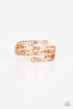 Paparazzi Casino CACHE - Copper Ring - Dotted in dainty peach rhinestones, shiny copper bars race across the finger, stacking into a refined band. Features a dainty stretchy band for a flexible fit.