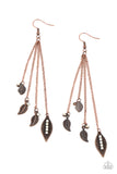 A collection of textured antiqued copper leaflets accented with dewdrop white rhinestones, swing from delicate copper chains creating a tranquil chime as it falls from the ear. Earring attaches to a standard fishhook fitting.