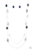 Paparazzi Cobble Creeks - Blue Necklace - Textured silver links alternate between glassy blue accents and cobblestone patterned silver discs along two shimmery chains, creating whimsical layers across the chest. Features an adjustable clasp closure.
