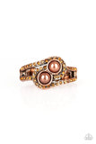 Paparazzi Collect Up Front - Copper Ring - Glittery topaz rhinestone encrusted bands swirl around a pair of coppery pearls for a refined look. Features a dainty stretchy band for a flexible fit.