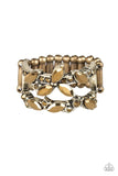 Paparazzi Cosmo Collection - Brass Ring - Featuring round and regal marquise style cuts, glittery aurum rhinestones stack across the finger in two glittery bands. Features a stretchy band for a flexible fit