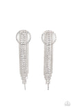 Paparazzi Dazzle By Default - White Earrings - Dainty strands of glassy white rhinestones and shimmery silver ball-chain stream from the top of a bedazzled white rhinestone hoop, creating a dazzling fringe. Earring attaches to a standard post fitting.