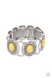 Paparazzi Desert Relic - Yellow Bracelet - Dotted in ornate silver studs, yellow stone embellished silver frames join hammered silver plates along stretchy bands around the wrist for a colorful seasonal flair.