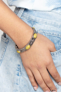 Paparazzi Desert Skyline - Green Bracelet - Flanked by silver halfmoon accents, Willow stone dotted silver frames are threaded along stretchy bands around the wrist for a rustic flair.