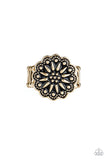 Paparazzi Desert Sunflower - Gold Ring - Embossed in a rustic wildflower pattern, a gold floral frame dots the top of the finger for a whimsical look. Features a stretchy band for a flexible fit.