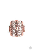 Paparazzi Dig It - Copper Ring - Featuring an antiqued shimmer, a thick copper band is stamped in a funky floral pattern for a retro look. Features a stretchy band for a flexible fit.