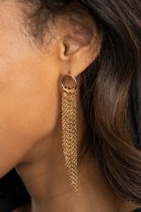 Paparazzi Divinely Dipping - Gold Earrings - Tapered gold chains cascade from the bottom of a dainty gold hoop, creating an angled fringe. Earring attaches to a standard post fitting.
