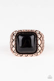 Paparazzi Don't Cross Me - Copper Ring - An oversized black square bead is pressed into the center of a thick copper band stamped in crisscrossing texture for an edgy look. Features a stretchy band for a flexible fit.