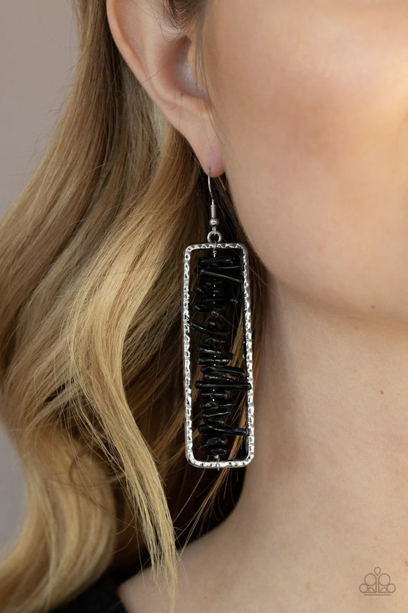 Paparazzi Don't QUARRY Be Happy - Black Earrings - Bits of black rock are threaded along a metal rod inside a hammered silver rectangle, creating an earthy frame. Earring attaches to a standard fishhook fitting.