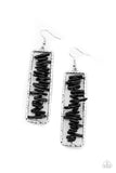 Paparazzi Don't QUARRY Be Happy - Black Earrings - Bits of black rock are threaded along a metal rod inside a hammered silver rectangle, creating an earthy frame. Earring attaches to a standard fishhook fitting.
