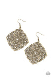 Paparazzi Dubai Detour - Brass Earrings - Filled with a frilly scroll, oversized antiqued brass petals bloom into a decorative floral frame for a seasonal shimmer. Earring attaches to a standard fishhook fitting.