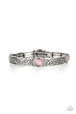 Paparazzi Ethereally Enchanting - Pink Bracelet - A pink cat's eye stone is pressed into a round frame at the end of a silver bar. Embossed with a whimsical vine motif, the patterned bars are threaded on stretchy bands to repeat around the wrist for an enchanting finish.