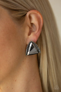 Paparazzi Exalted Elegance - Silver Earrings - Featuring a regal triangular cut, an oversized hematite gem is nestled in an angled silver frame radiating with dainty hematite rhinestones for a glamorous look. Earring attaches to a standard post fitting.