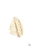 Paparazzi FRILL Ride - Gold Ring - Glistening gold filigree crisscrosses and swirls into a striking floral pattern across the finger, creating a seasonal shimmer. Features a stretchy band for a flexible fit.
