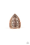 Paparazzi Fall Into VINE - Copper Ring - Embossed in vine-like patterns, a triangular copper frame folds around the finger for a bold tribal look. Features a stretchy band for a flexible fit.