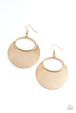 Paparazzi Fan Girl Glam - Gold Earrings - Etched in linear texture, a crescent shaped plate fans out from the bottom of a textured gold oval, coalescing into a blinging metallic display. Earring attaches to a standard fishhook fitting.