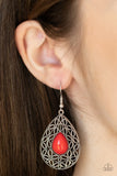 Paparazzi Fanciful Droplets - Red Earrings - Fanciful teardrop frames filled with a charming leaf motif filigree envelop a bright red teardrop bead creating a captivating lure. Earring attaches to a standard fishhook fitting.