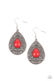 Paparazzi Fanciful Droplets - Red Earrings - Fanciful teardrop frames filled with a charming leaf motif filigree envelop a bright red teardrop bead creating a captivating lure. Earring attaches to a standard fishhook fitting.