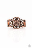 Paparazzi Fanciful Flower Gardens - Copper Ring - Glistening copper filigree blooms from a shimmery floral center, creating a whimsical band across the finger. Features a stretchy band for a flexible fit.
