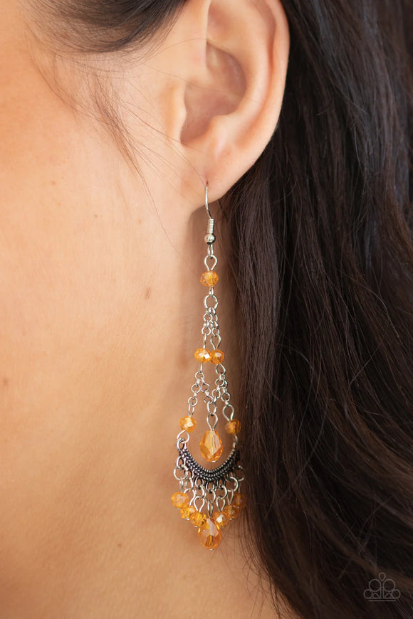 Paparazzi First In SHINE - Orange Earrings - Featuring an iridescent shimmer, a glittery collection of orange crystal-like beads link with shimmery silver chains that give way to a studded silver bar and colorful fringe. Earring attaches to a standard fishhook fitting.