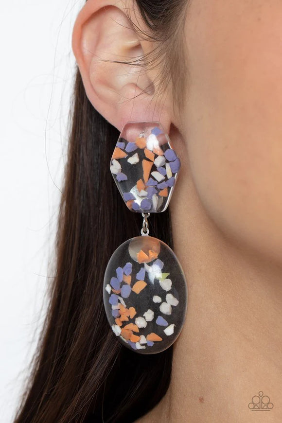 Paparazzi Flaky Fashion - Orange Earrings - Featuring multicolored confetti-like flakes, a clear acrylic oval frame swings from the bottom of a matching hexagonal frame, creating a bubbly lure. Earring attaches to a standard post fitting.
