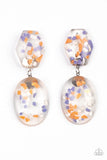 Paparazzi Flaky Fashion - Orange Earrings - Featuring multicolored confetti-like flakes, a clear acrylic oval frame swings from the bottom of a matching hexagonal frame, creating a bubbly lure. Earring attaches to a standard post fitting.