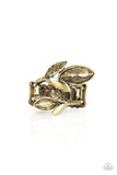 Paparazzi Flawless Foliage - Brass Ring - Aurum rhinestone encrusted frames, leafy brass frames, and golden topaz marquise style rhinestones bloom across the finger for a refined look. Features a stretchy band for a flexible fit.