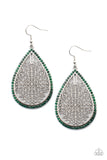 Paparazzi Fleur De Fantasy - Green Earrings - Bordered in dainty green rhinestones, the center of an oversized silver teardrop is filled with an airy floral pattern for a seasonal flair. Earring attaches to a standard fishhook fitting.