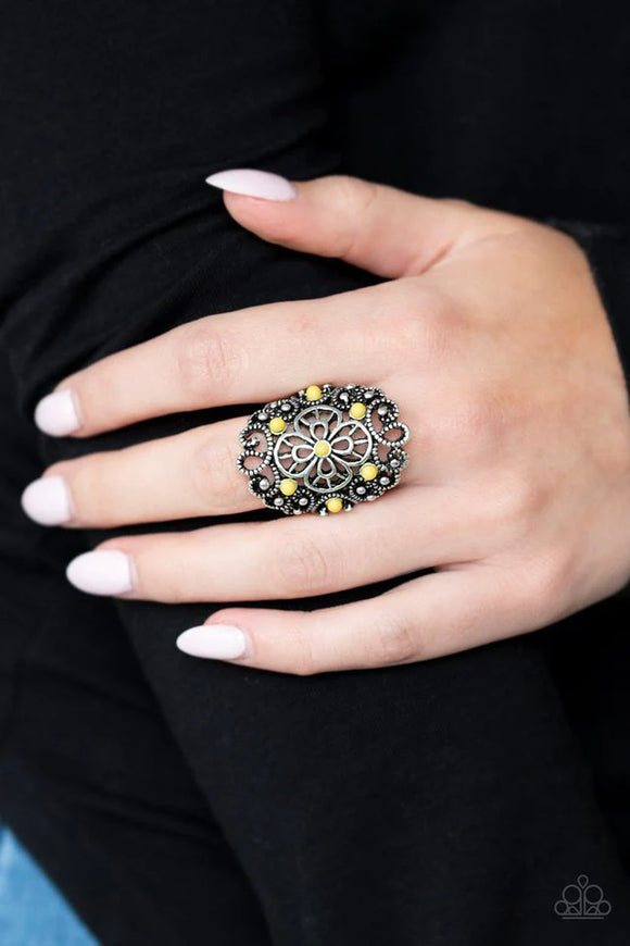 Paparazzi Floral Fancies - Yellow Ring - Dainty yellow beads are sprinkled across a shimmery frame swirling with silver filigree, creating a whimsical floral frame atop the finger. Features a stretchy band for a flexible fit. Sold as one individual ring.