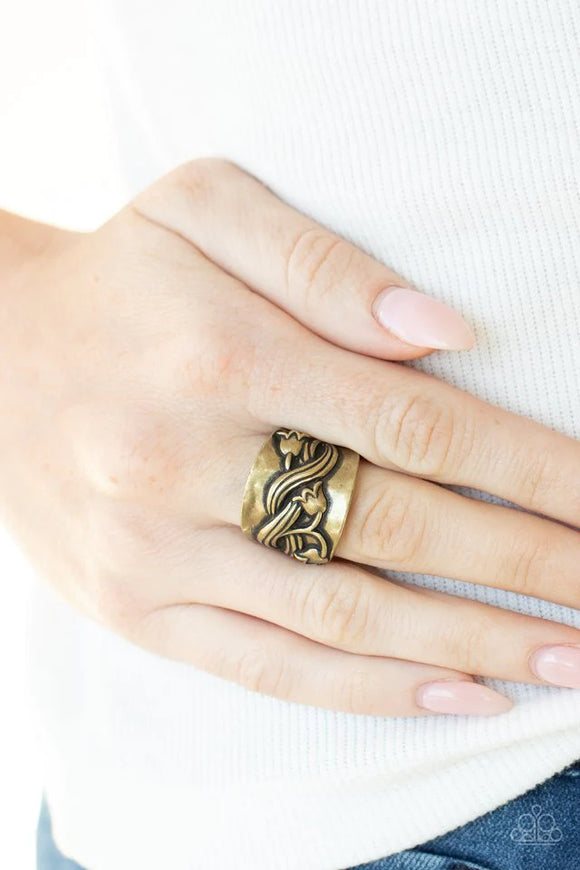 Paparazzi Follow The Tulips - Brass Ring - Brass tulips delicately vine across the center of a hammered brass frame, creating a summery band around the finger. Features a stretchy band for a flexible fit.
