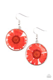 Paparazzi Forever Florals - Red Earrings - Bordered in a silver fitting, a pressed red flower is encased inside a glassy frame for an enchanted floral look. Earring attaches to a standard fishhook fitting.
