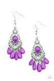 Paparazzi Fruity Tropics - Purple Earrings - Vivacious purple teardrop beads swings from the bottom of an ornately studded silver frame featuring a bubbly purple beaded center for a fruity finish. Earring attaches to a standard fishhook fitting. 