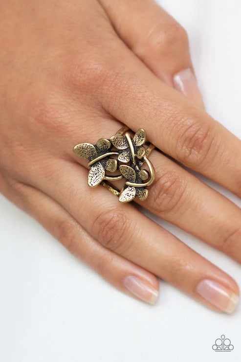 Paparazzi Full Of Flutter - Brass Ring - A trio of fluttering brass butterflies rest atop the finger, coalescing into a whimsical centerpiece. Features a stretchy band for a flexible fit.