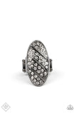 Paparazzi Galactic Glitz - Black Gunmetal Ring - Rows of glassy white rhinestones slant across a stretched oval frame dotted in gunmetal studs, creating a dramatic centerpiece atop the finger. Features a stretchy band for a flexible fit.