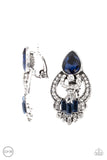Paparazzi Glamour Gauntlet - Blue Earrings - An oversized blue teardrop gem and dainty row of blue emerald cut rhinestones adorn a regal white rhinestone encrusted frame, creating a royal statement piece. Earring attaches to a standard clip-on fitting.