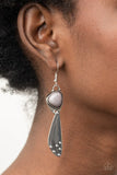 Paparazzi Going Green Goddess - Silver Earrings - Ribbed in linear textures and dotted in silver studs, an asymmetrical silver plate links to the bottom of a gray stone frame for an artisan inspired design. Earring attaches to a standard fishhook fitting.